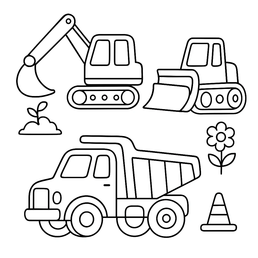 Cute Construction Vehicles color page for kids