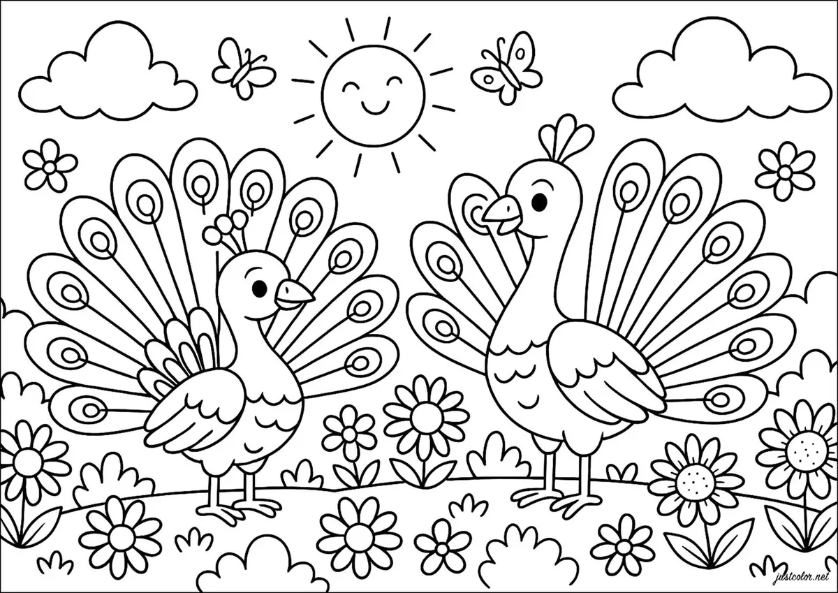 Peacock drawing page for kids