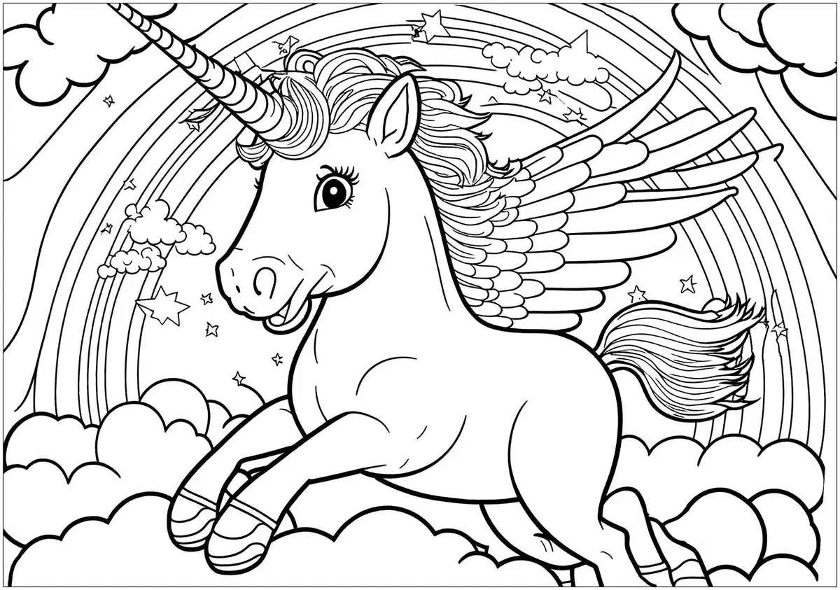 Rainbow Unicorn drawing page for kids