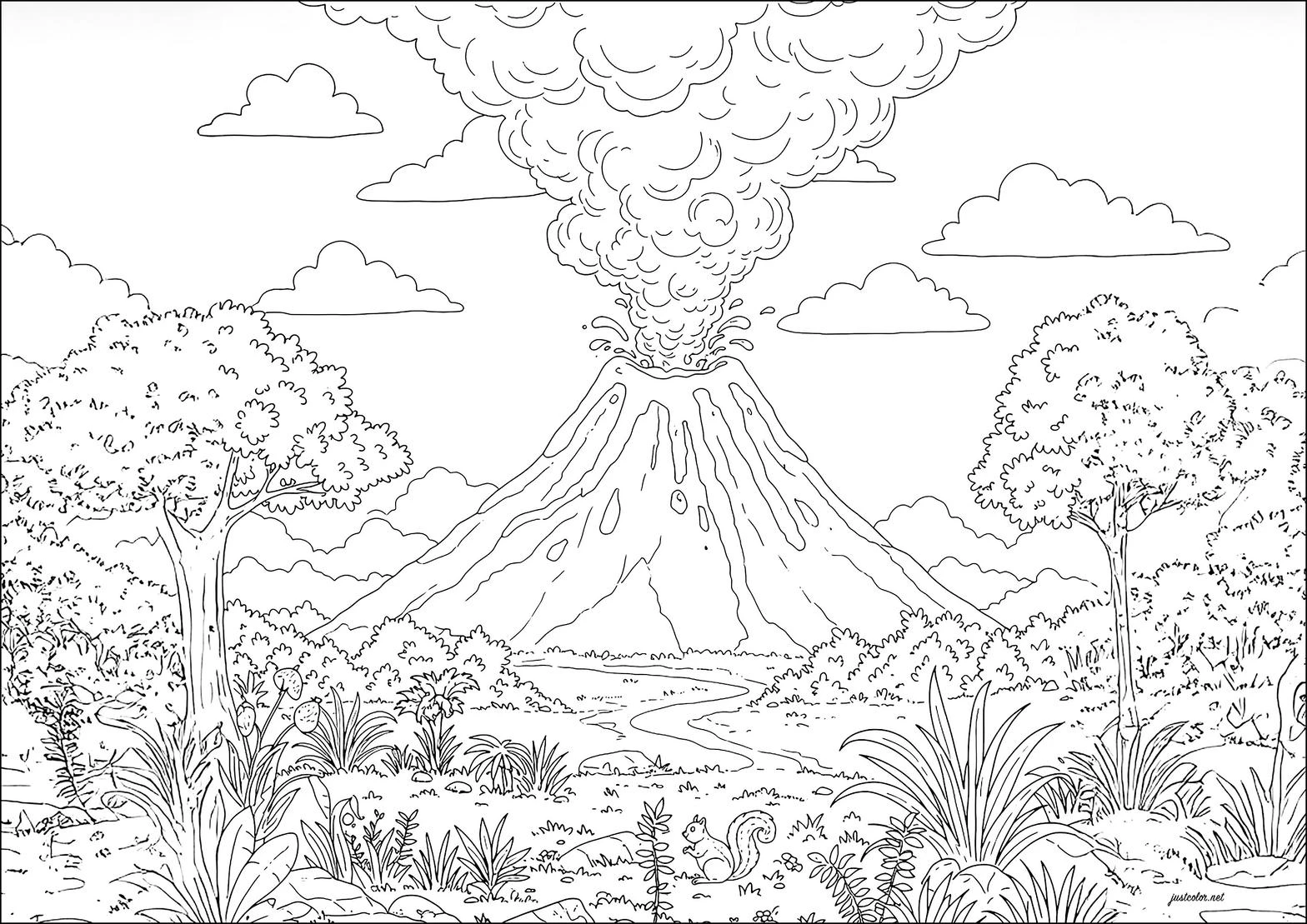Volcano drawing page for kids