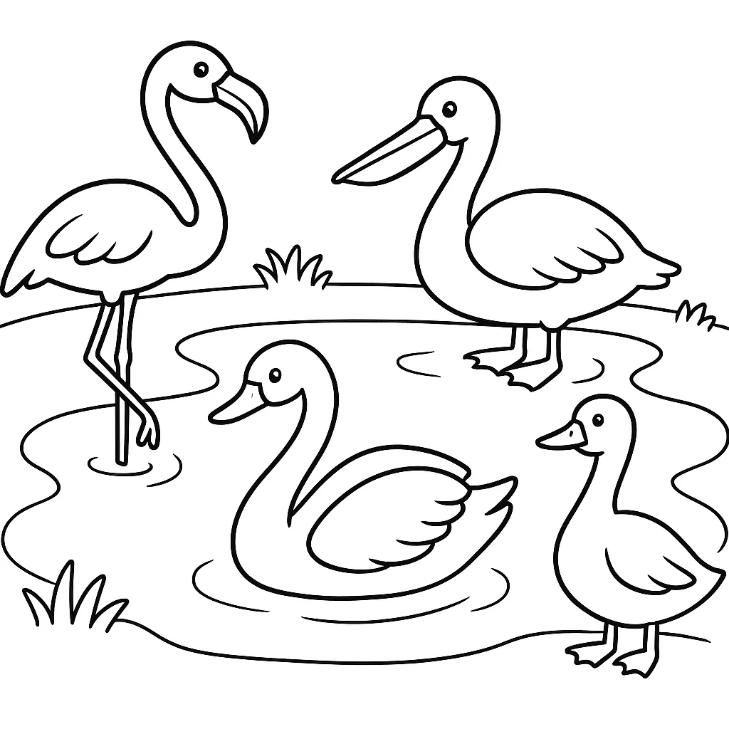 Water Birds drawing page for kids