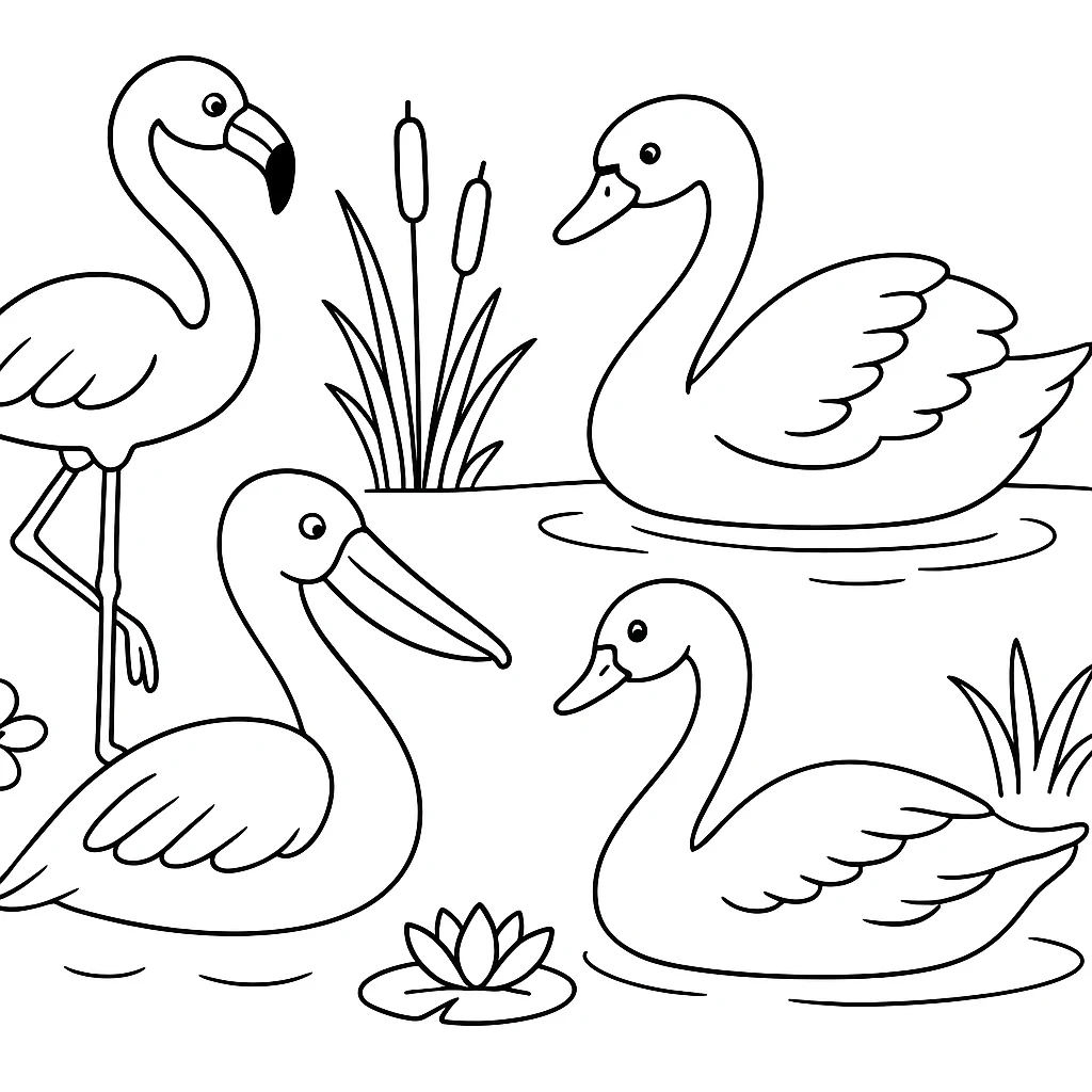 Cute Water Birds color page for kids