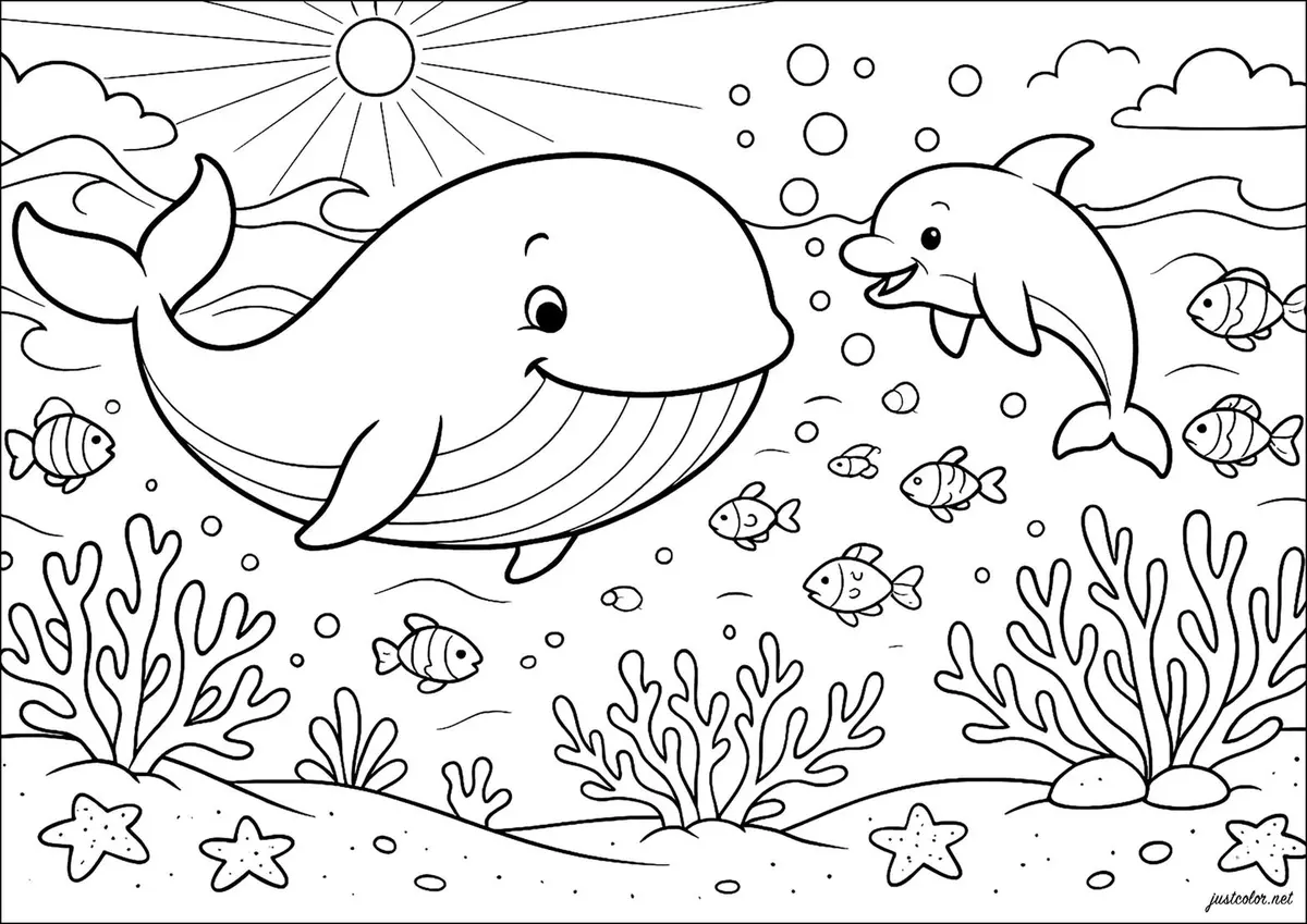 Cute Whale color page for kids